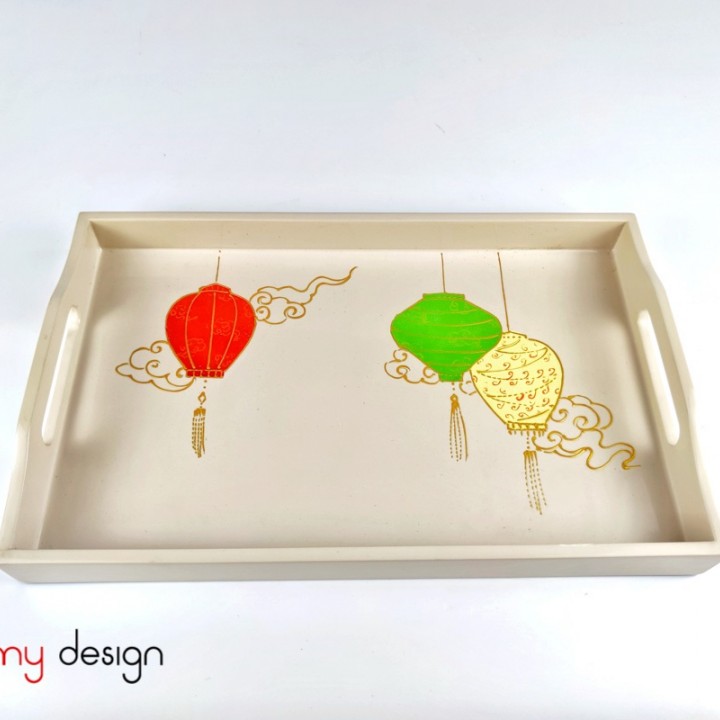 Cream rectangular lacquer tray with hand-painted lantern 20x32 cm